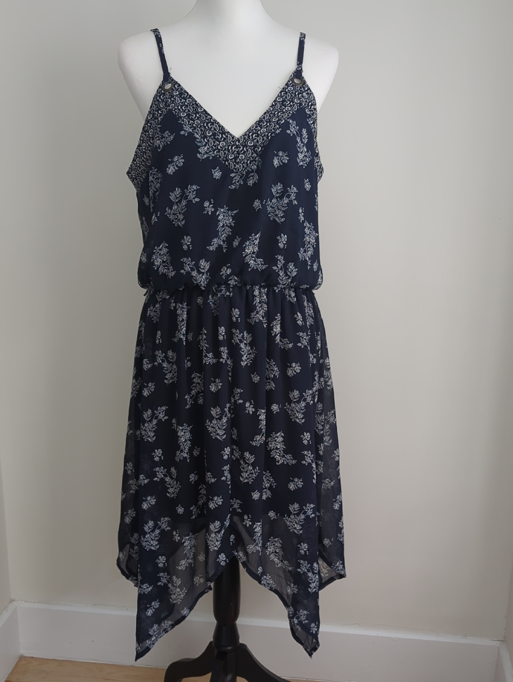 Xhilaration Spaghetti Strap Navy Ditsy Floral Asymmetrical Handkerchief Dress